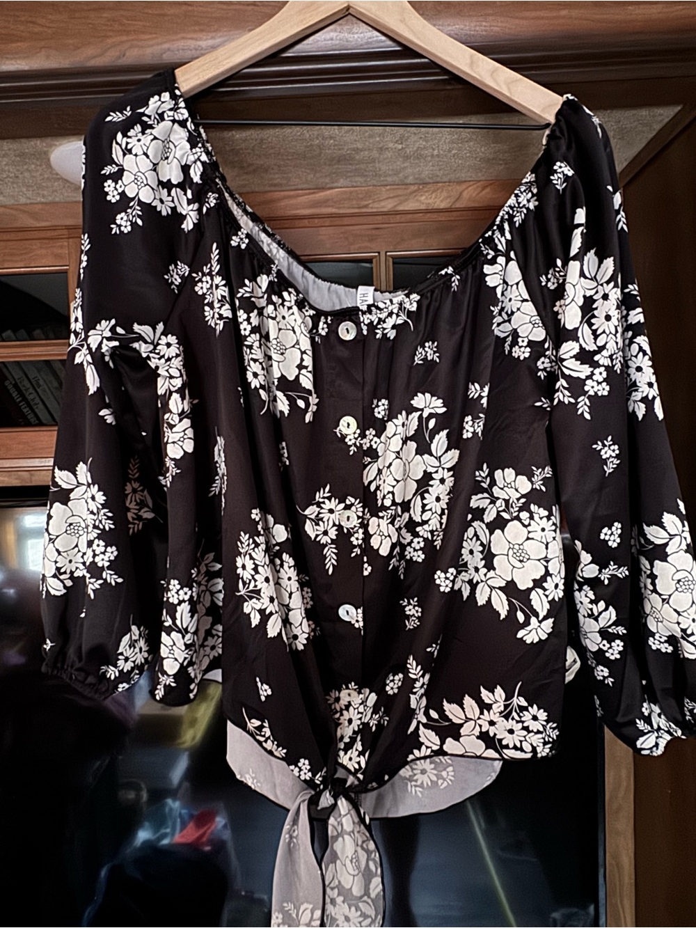 Black & White Floral Tie-Front Blouse - Women